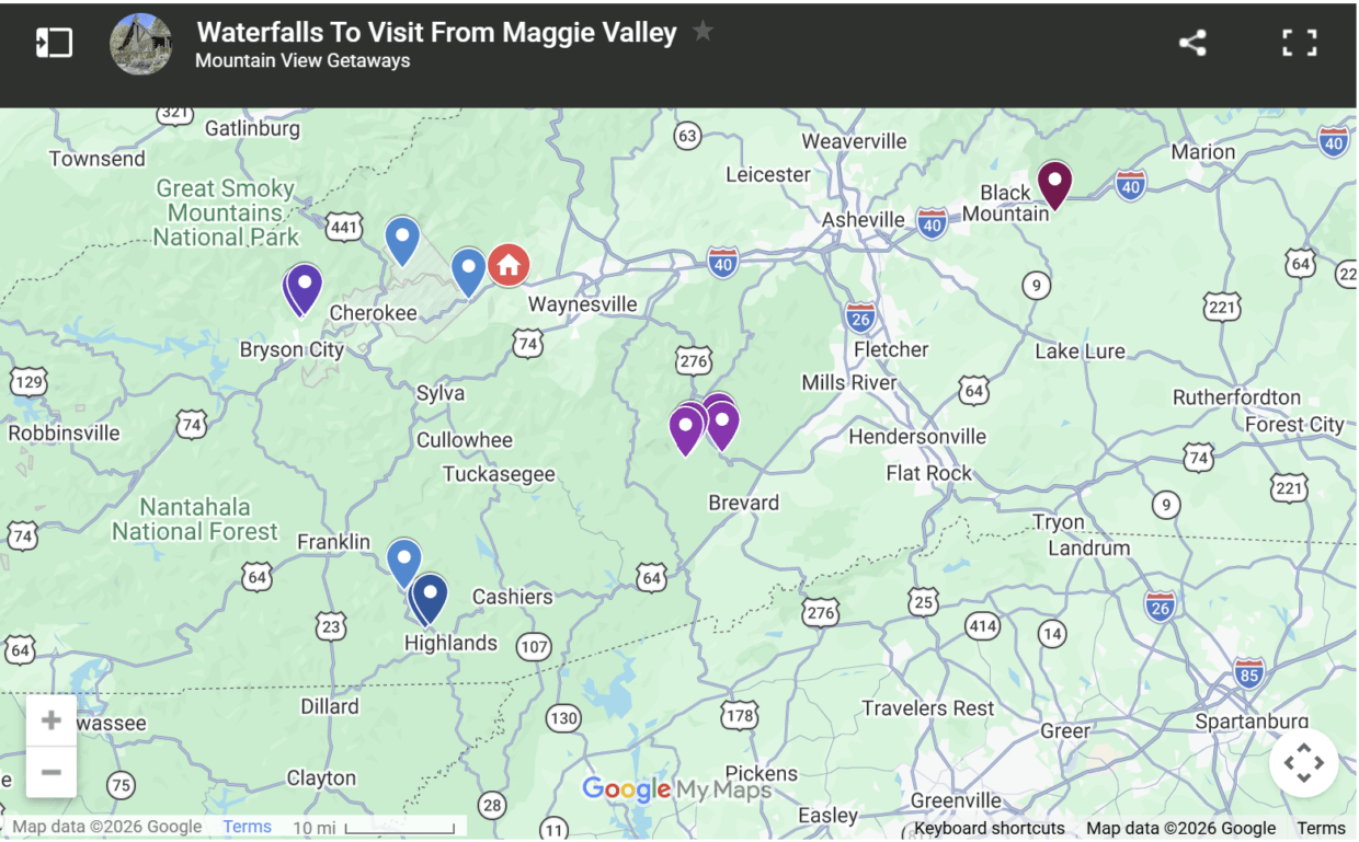 Map showing where waterfalls are near High Hopes Cabin rental in Maggie Valley NC