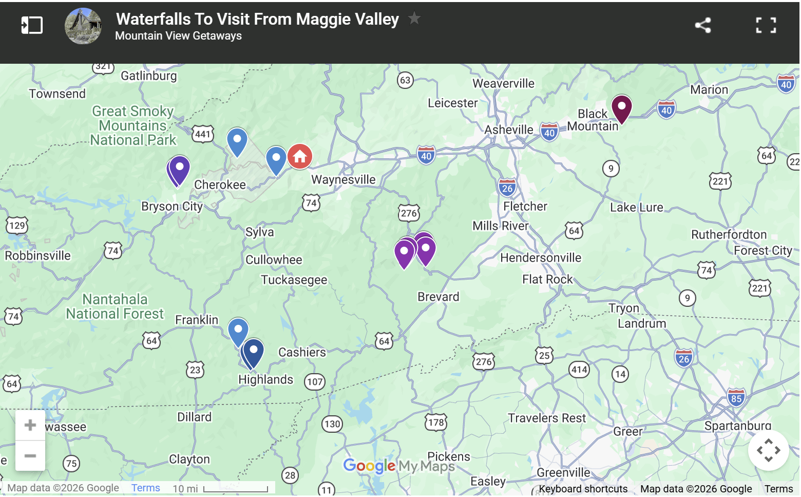 Map showing where waterfalls are near High Hopes Cabin rental in Maggie Valley NC